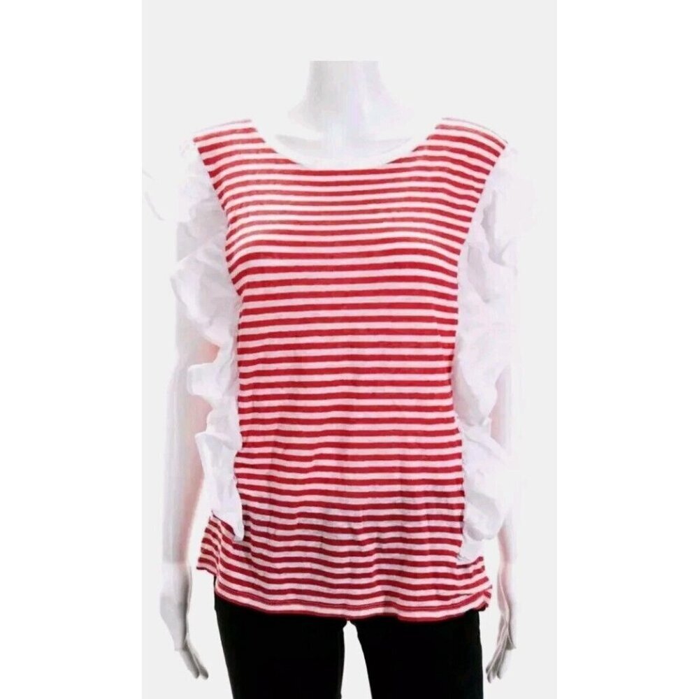Chelsea 28 Linen Red White Striped Ruffled Cap Sleeve Top  Size XL NWT